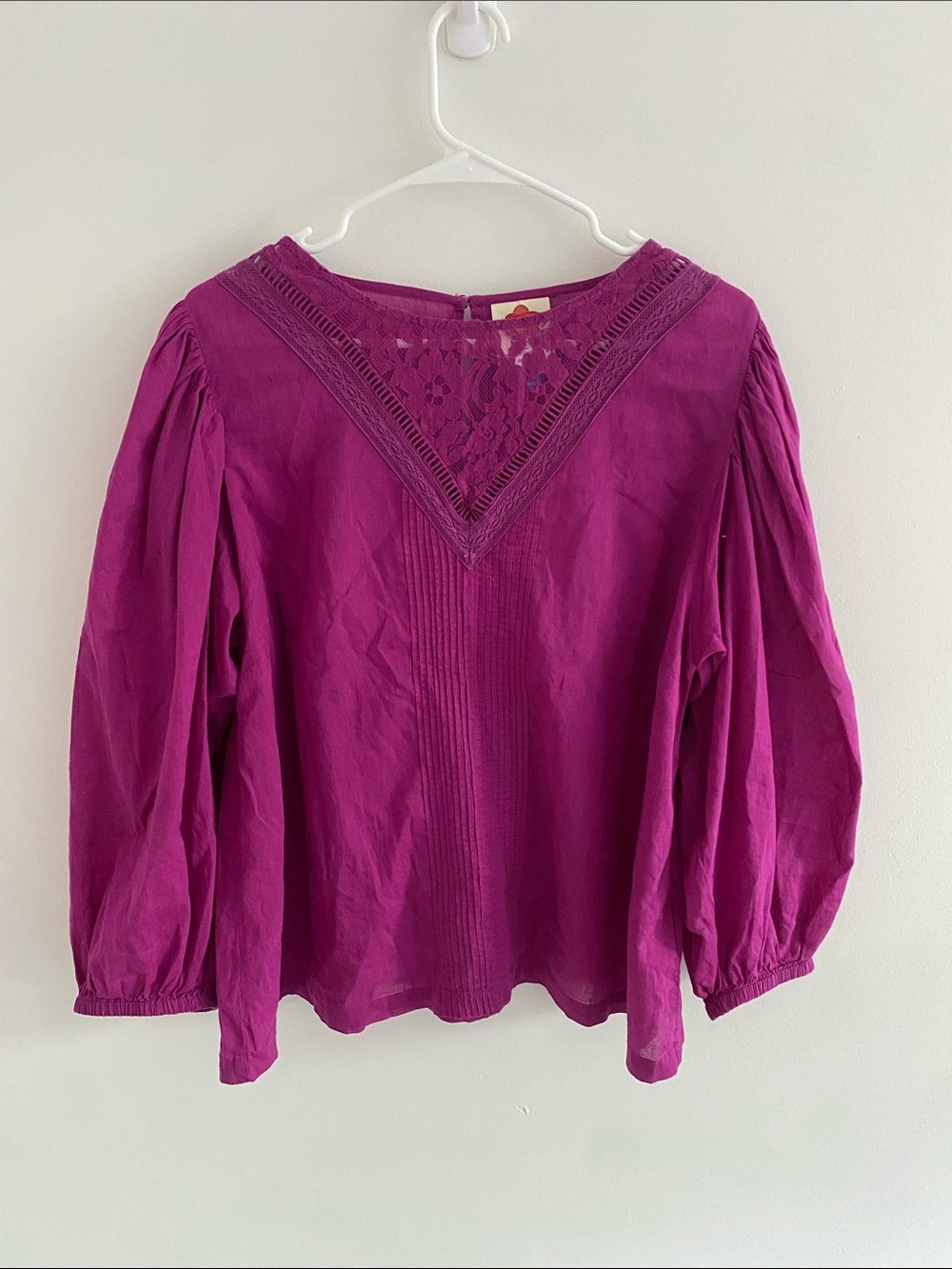FARM Rio Pintuck Lace Puff Sleeve Lightweight Cotton Top BlousePurple Size LARGE